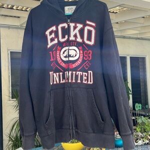 Black hooded sweatshirt.